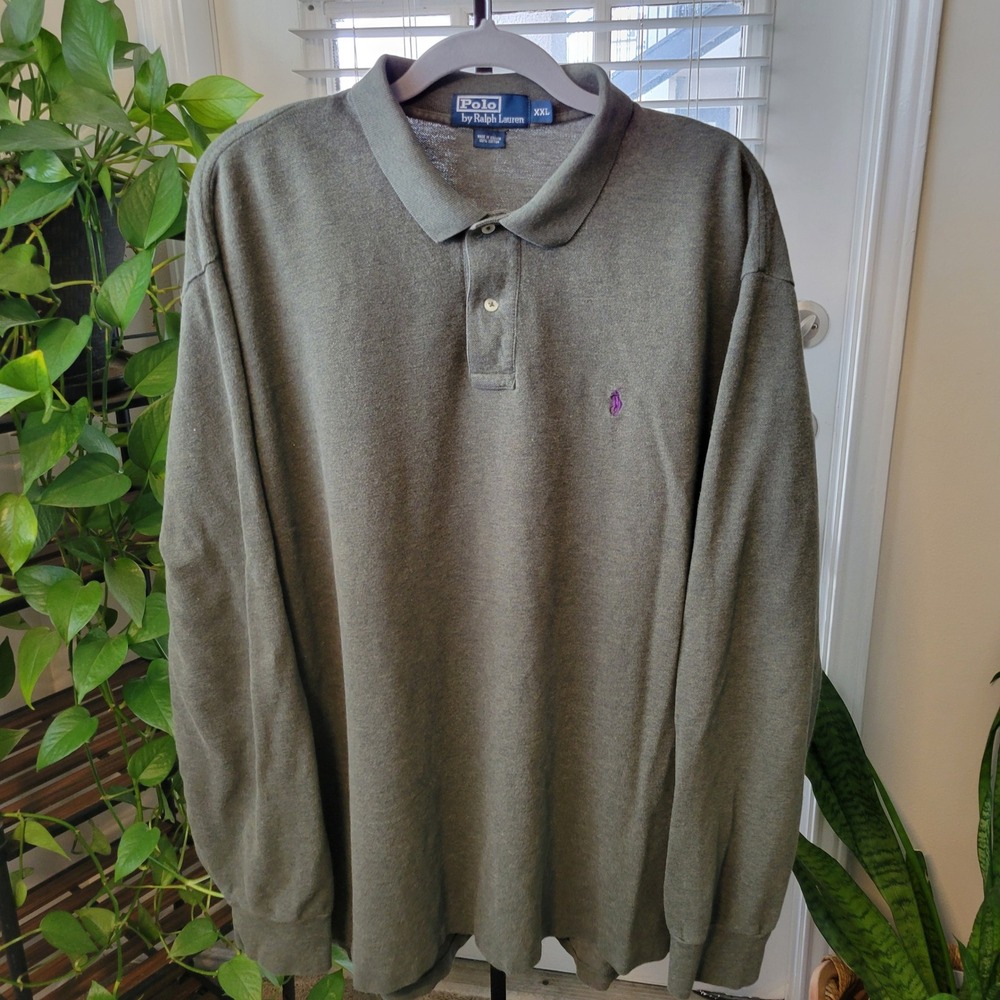 VTG Polo Ralph Lauren Mens XXL Long Sleeve Polo Shirt Green Cotton Pique Pony